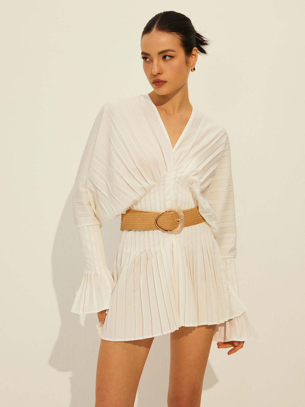 Pleated V Neck Long Sleeve Dress White / XS Dresses