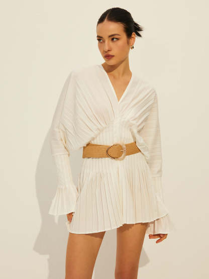 Pleated V Neck Long Sleeve Dress White / XS Dresses