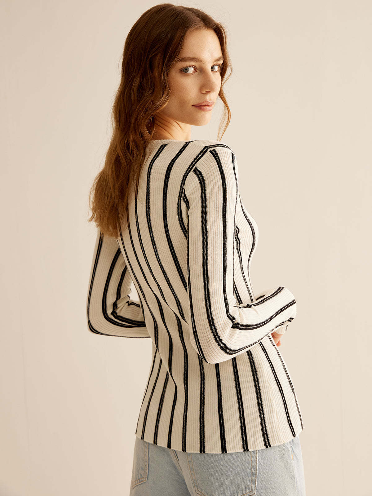 Split Pinstripe Slim Knit Top Knit Tops