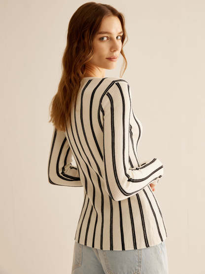 Split Pinstripe Slim Knit Top Knit Tops