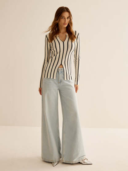 Split Pinstripe Slim Knit Top Knit Tops