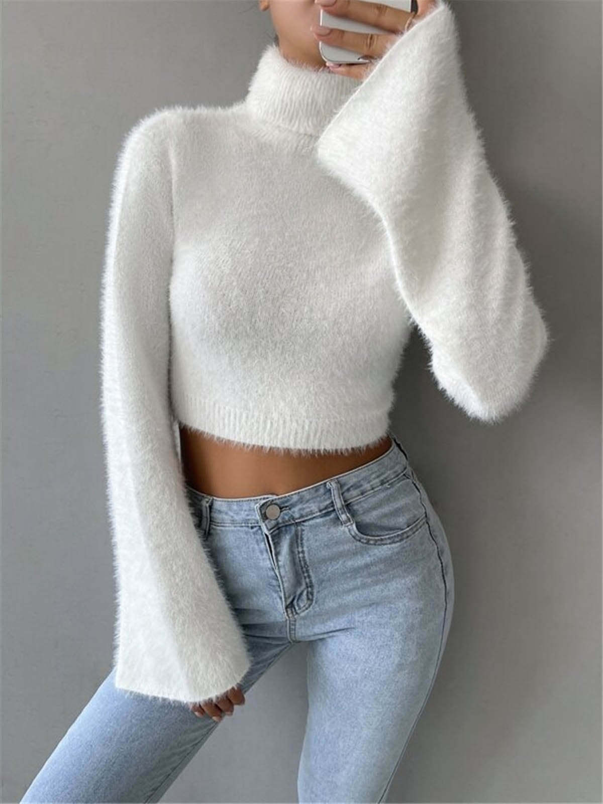 Turtleneck Fuzzy Crop Knit Top Knit Tops