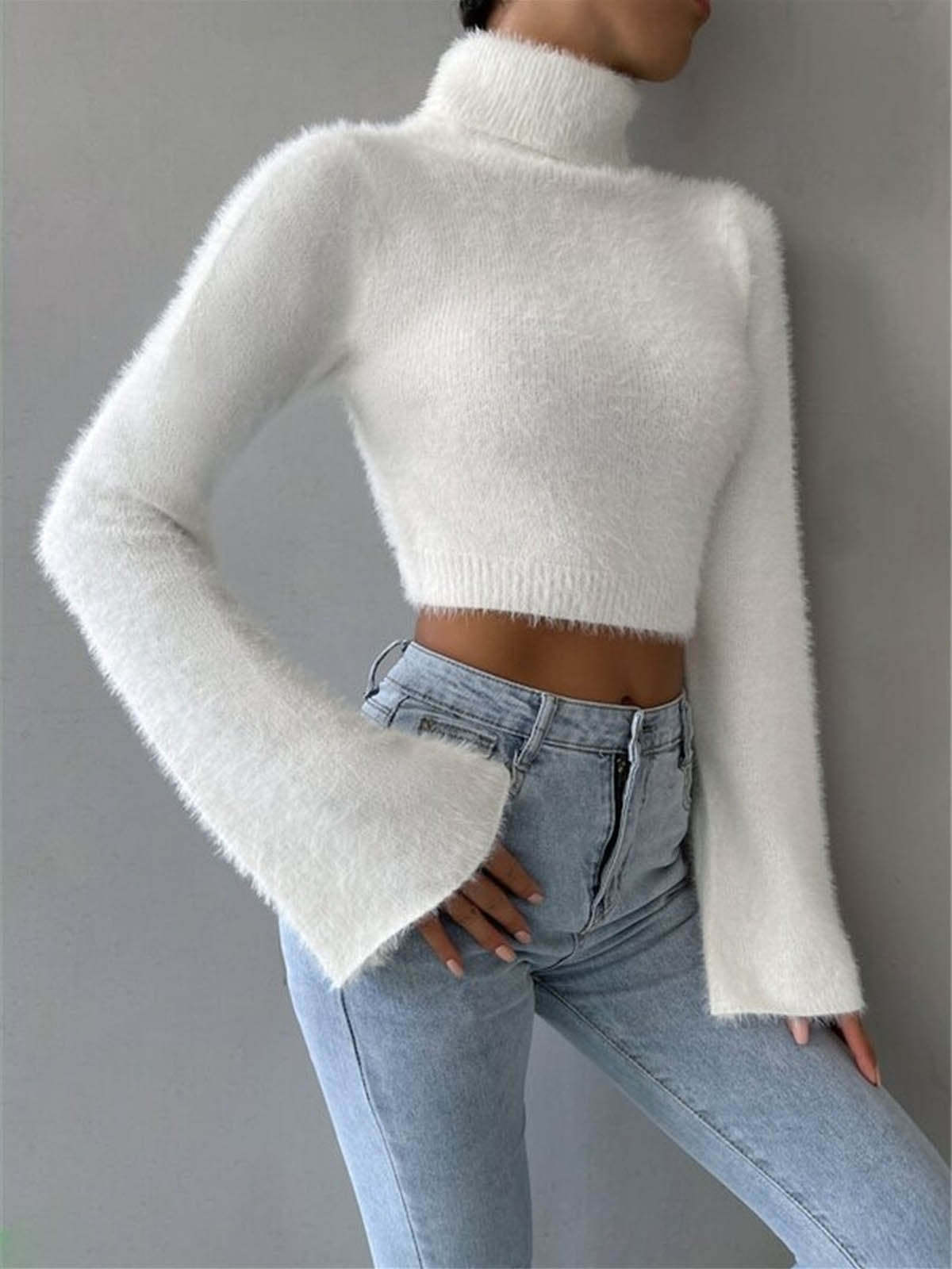 Turtleneck Fuzzy Crop Knit Top White / XS Knit Tops