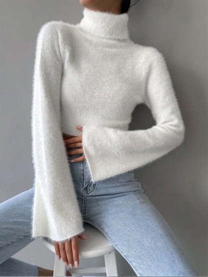 Turtleneck Fuzzy Crop Knit Top Knit Tops