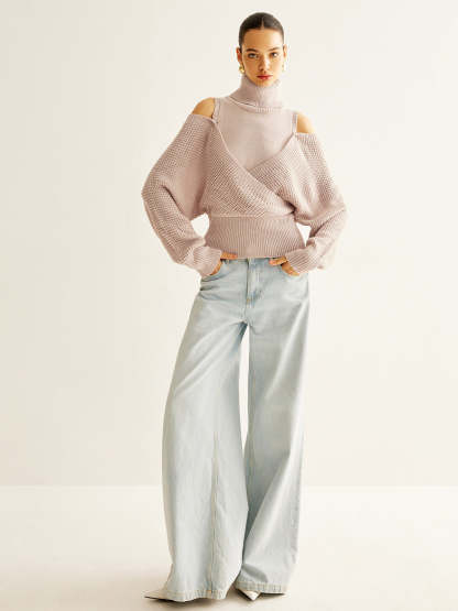 Oversized Wool Blend Turtleneck Cinched Knit Top Knit Tops