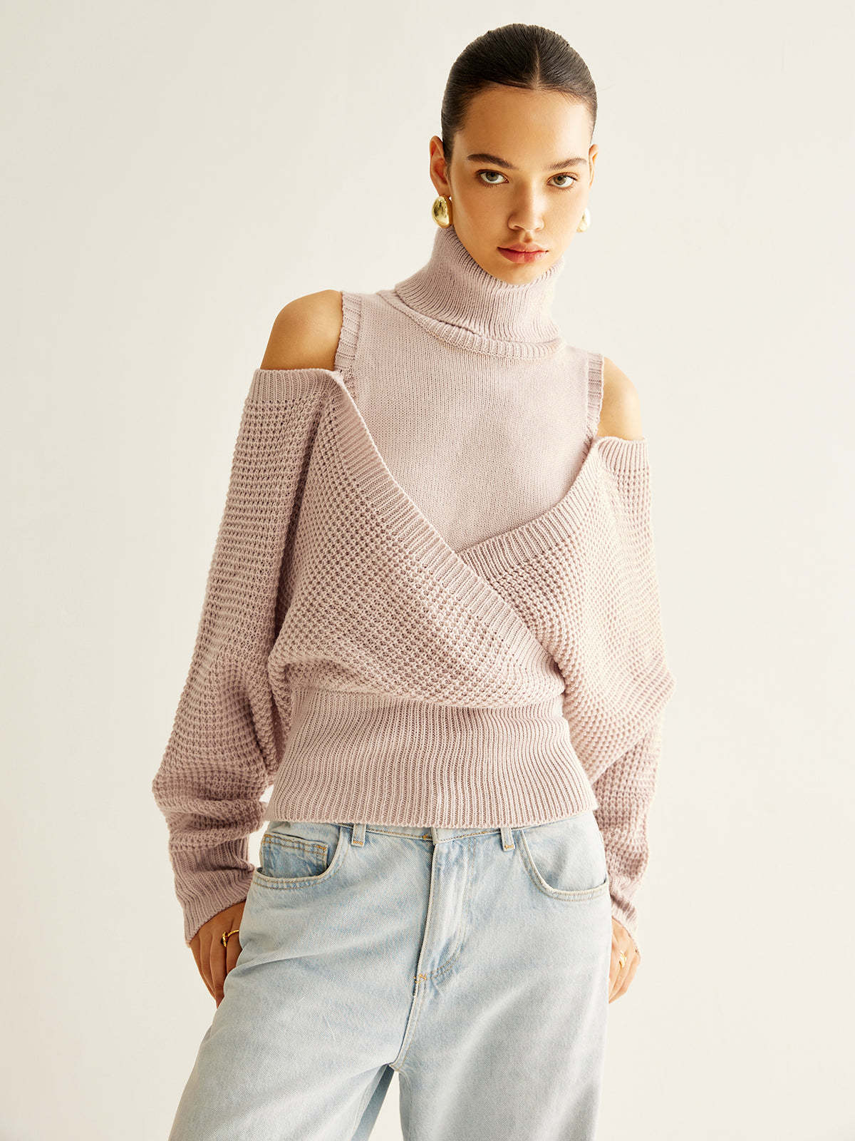 Oversized Wool Blend Turtleneck Cinched Knit Top Knit Tops