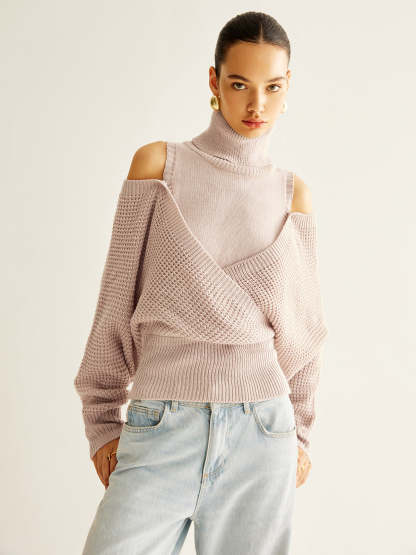 Oversized Wool Blend Turtleneck Cinched Knit Top Knit Tops