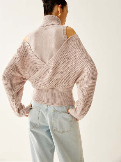 Oversized Wool Blend Turtleneck Cinched Knit Top Knit Tops