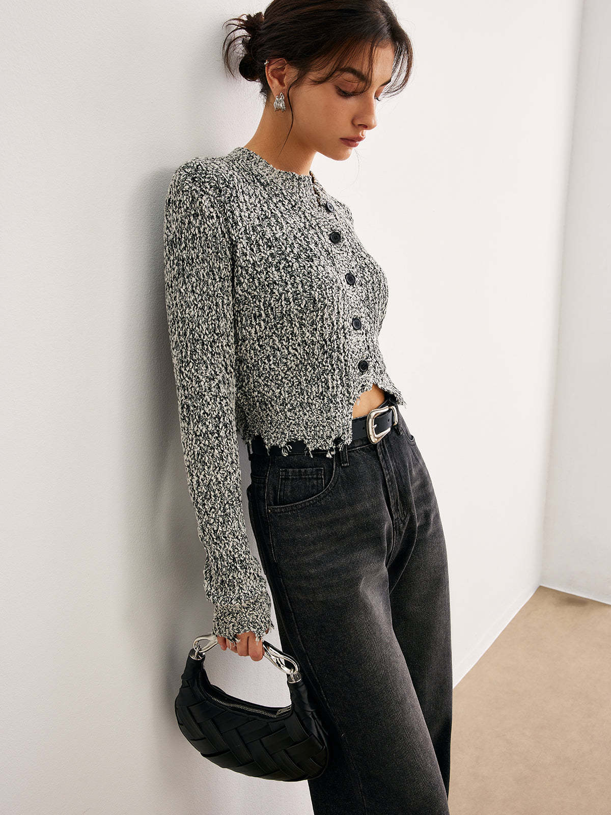 Raw Hem Button Slim Knit Top Knit Tops