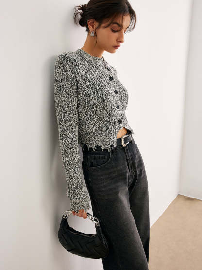 Raw Hem Button Slim Knit Top Knit Tops