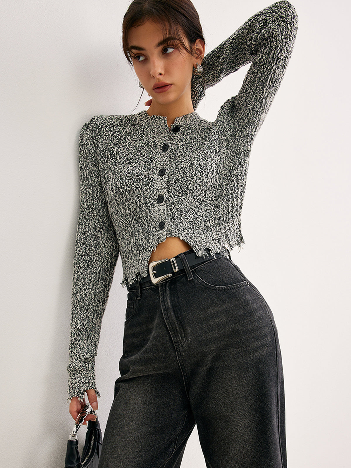 Raw Hem Button Slim Knit Top Light Grey / XS Knit Tops