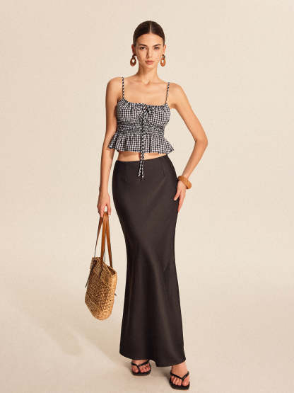 Smocked Peplum Gingham Cami Top BlackandWhite / XS Tank Tops & Camis