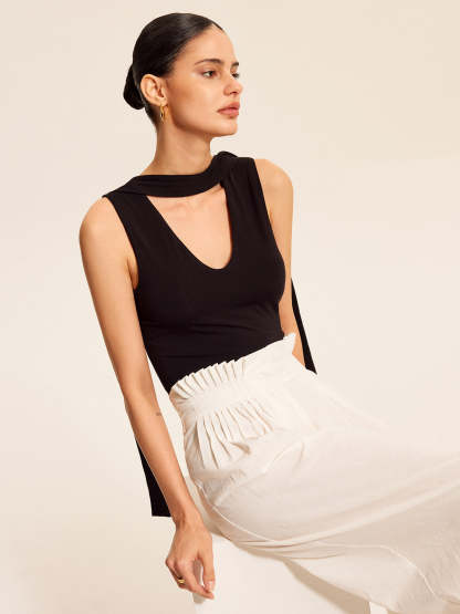 V Neck Top With Scarf Style Neck Tie Tank Tops & Camis