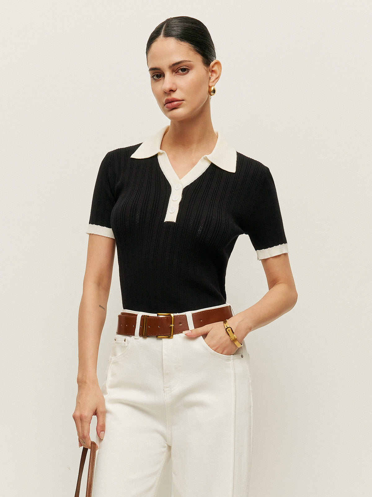 Collared Button Detail Ribbed Knit Top Knit Tops