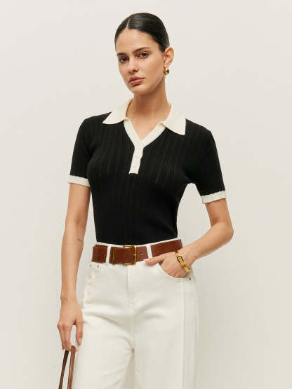 Collared Button Detail Ribbed Knit Top Knit Tops