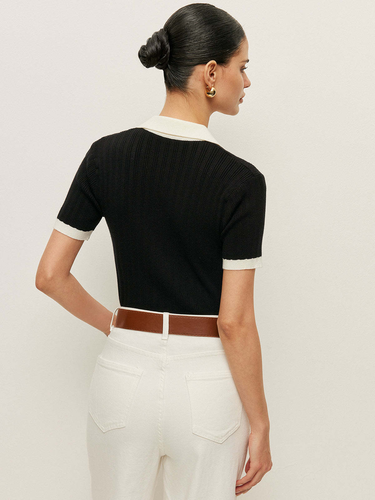 Collared Button Detail Ribbed Knit Top Knit Tops