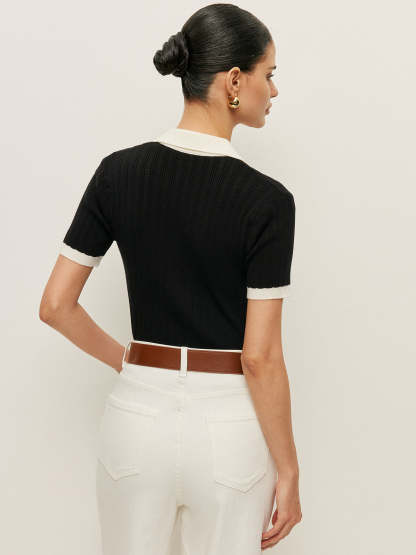 Collared Button Detail Ribbed Knit Top Knit Tops