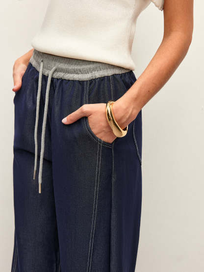 High Waist Drawstring Denim Pants With Pockets Pants