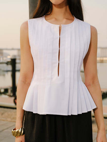 Cotton & Linen Pleated Back Tie Top Tank Tops & Camis