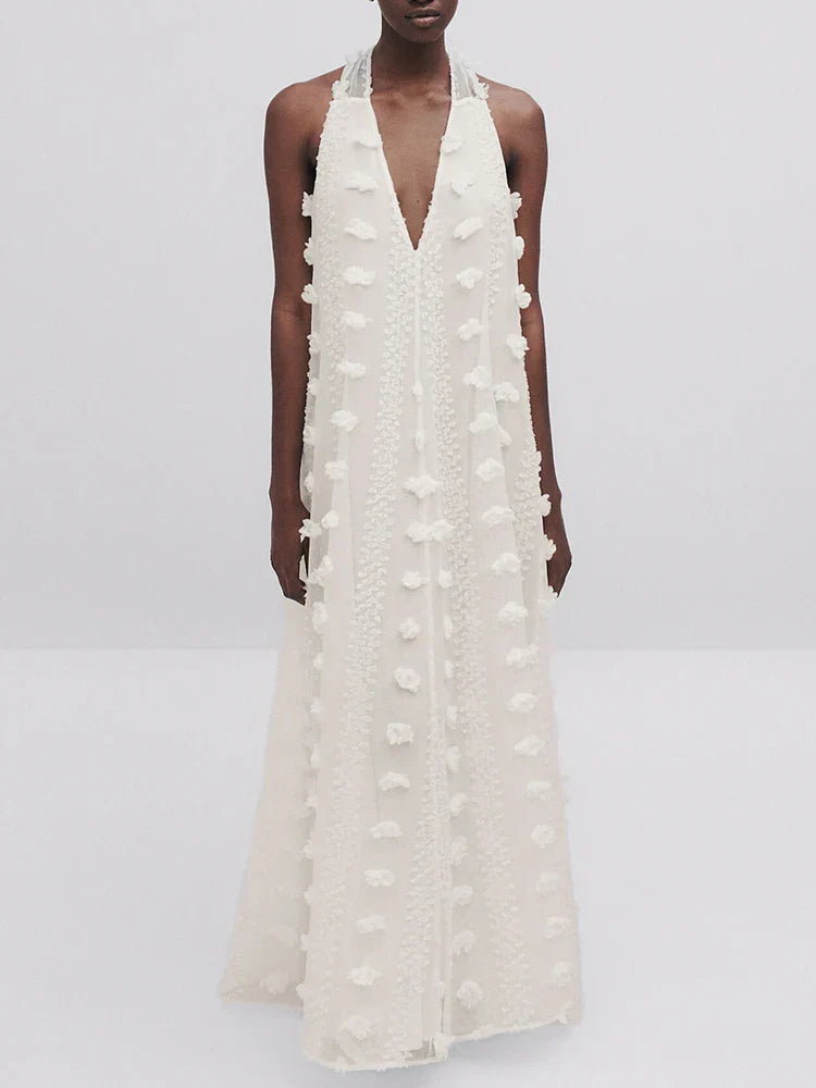 Halter Floral Mesh Patchwork Boho Dress White / S