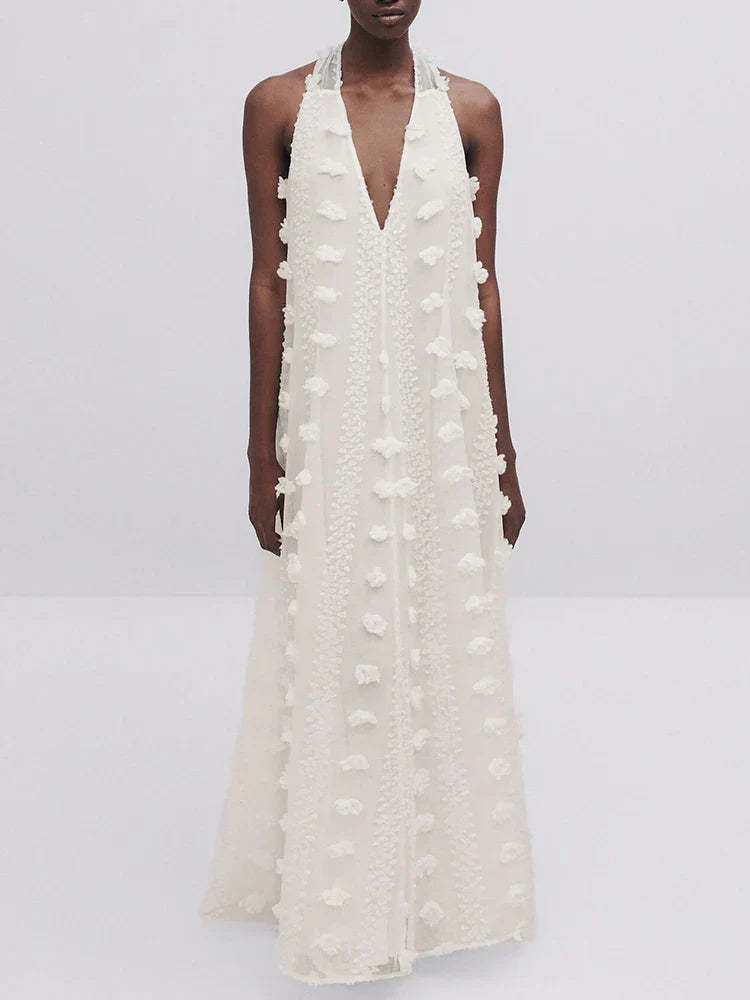 Halter Floral Mesh Patchwork Boho Dress White / S