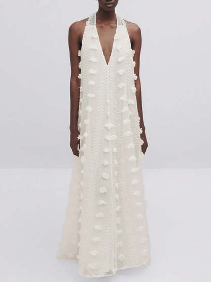 Halter Floral Mesh Patchwork Boho Dress White / S