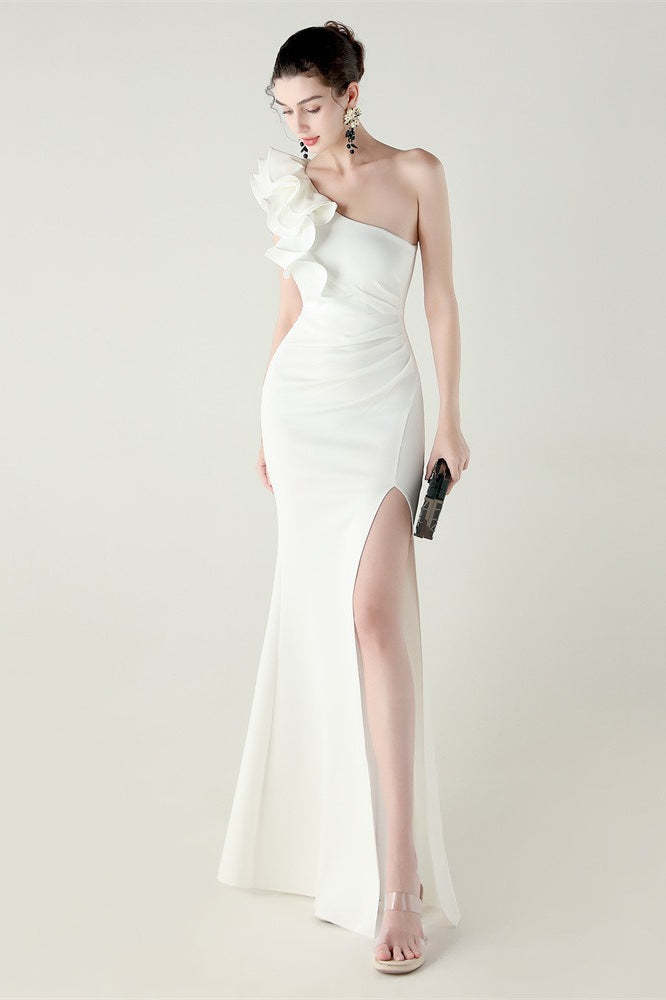 Ruffled Floral One Shoulder Satin Party Dress