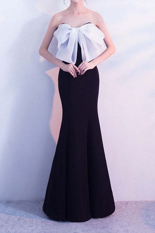 Bow Strapless Mermaid Maxi Party Dress Black and White / S