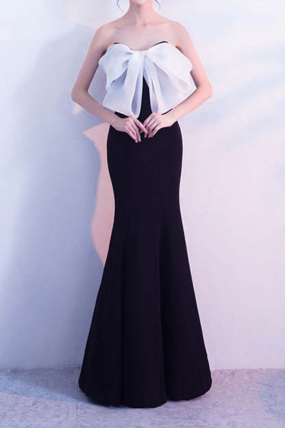 Bow Strapless Mermaid Maxi Party Dress Black and White / S