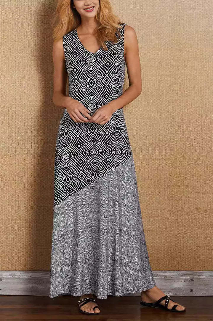 Printed Splicing Boho Vintage Boho Dress Black / S