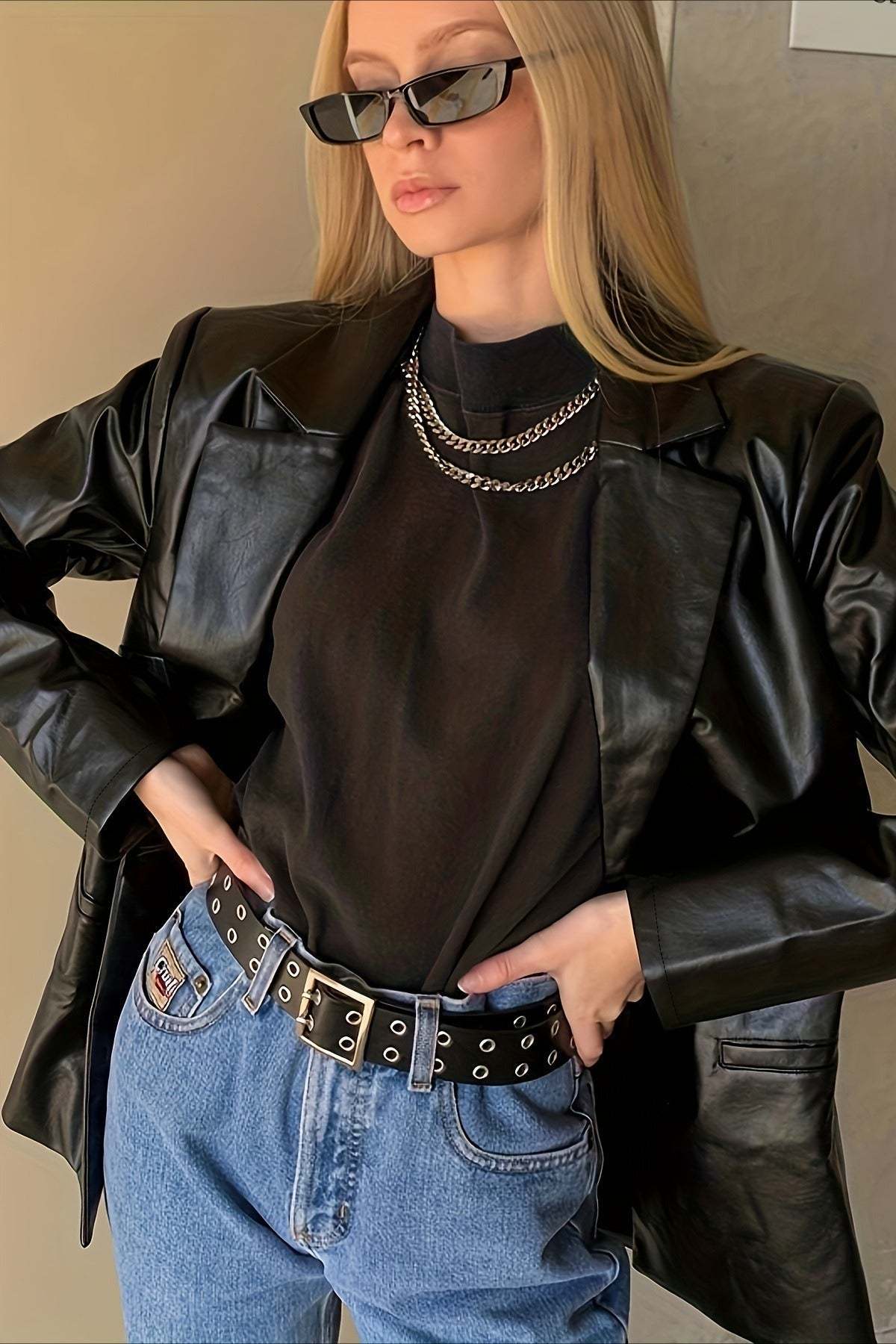 Elegant Loose PU Blazer Coat Black / S coats