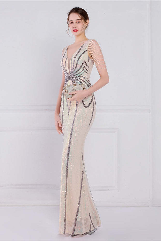 Beaded Floral Sequin Mermaid Party Dress Ivory / S