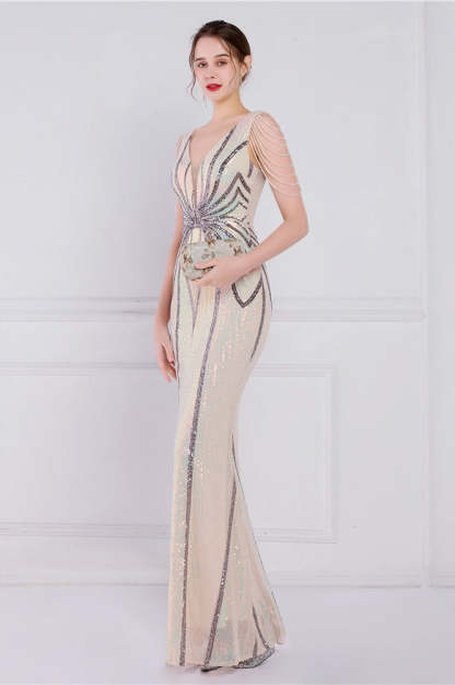 Beaded Floral Sequin Mermaid Party Dress Ivory / S