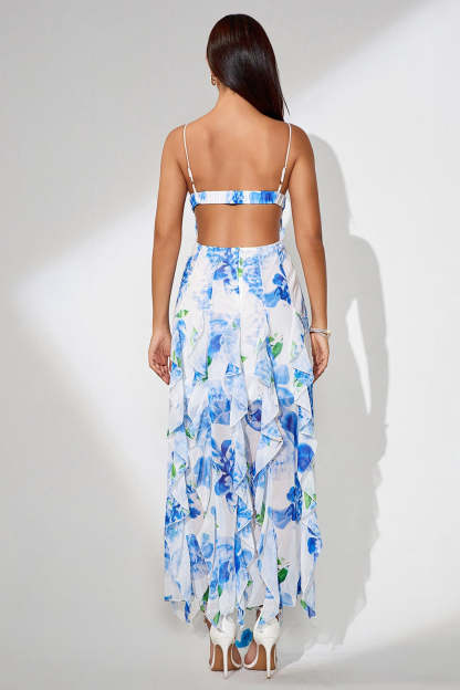 Slit Ruffled Floral Print Party Dress