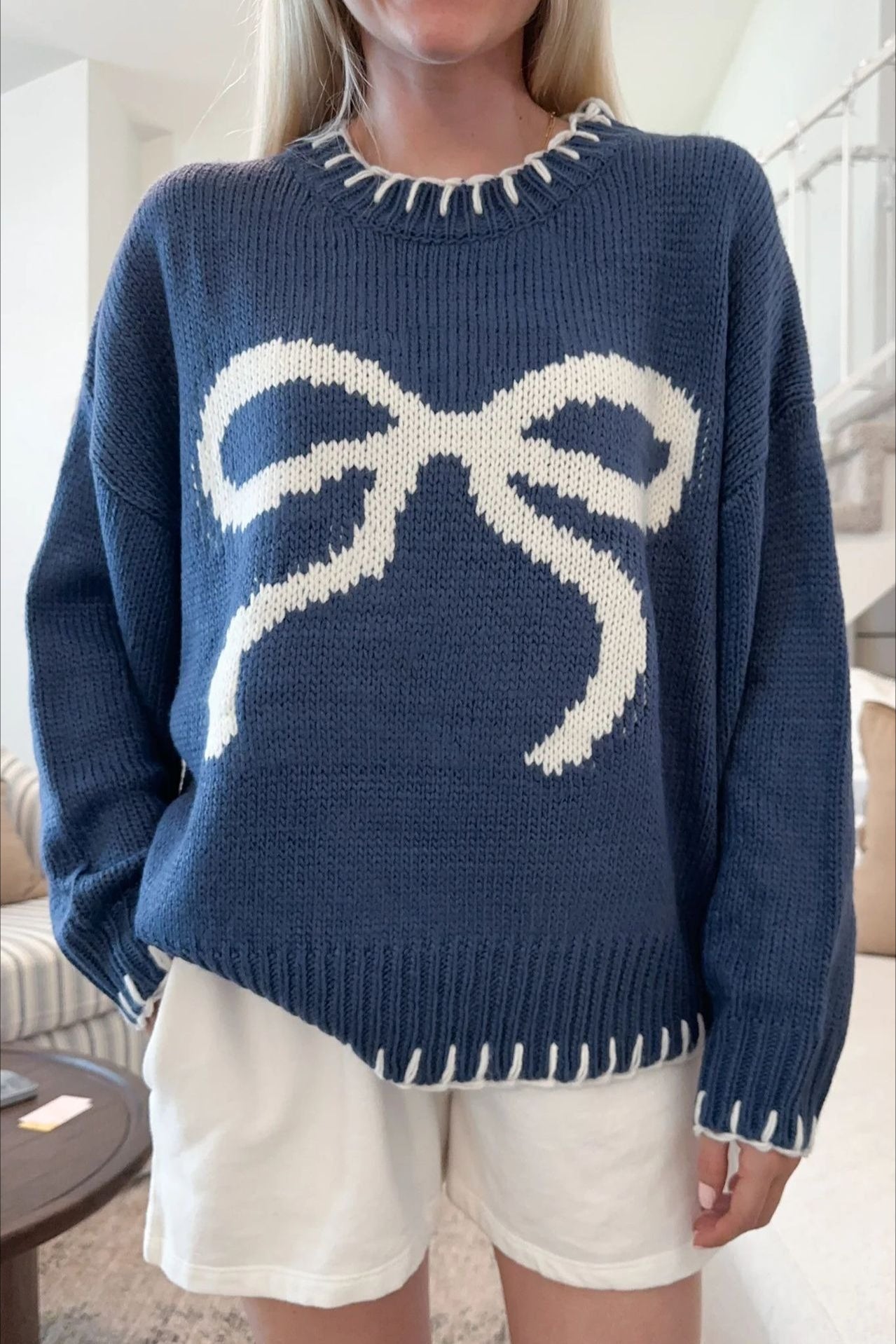 Bow Jacquard Knit Pullover Sweater