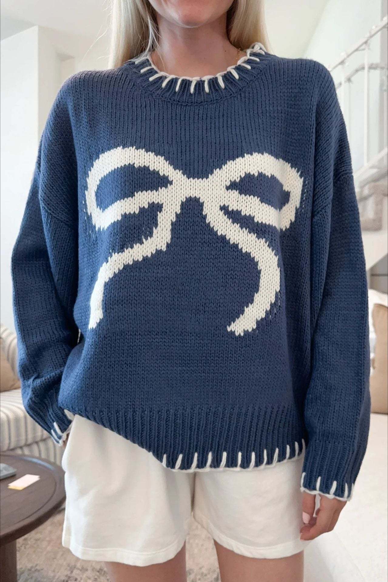 Bow Jacquard Knit Pullover Sweater