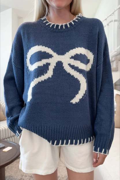 Bow Jacquard Knit Pullover Sweater