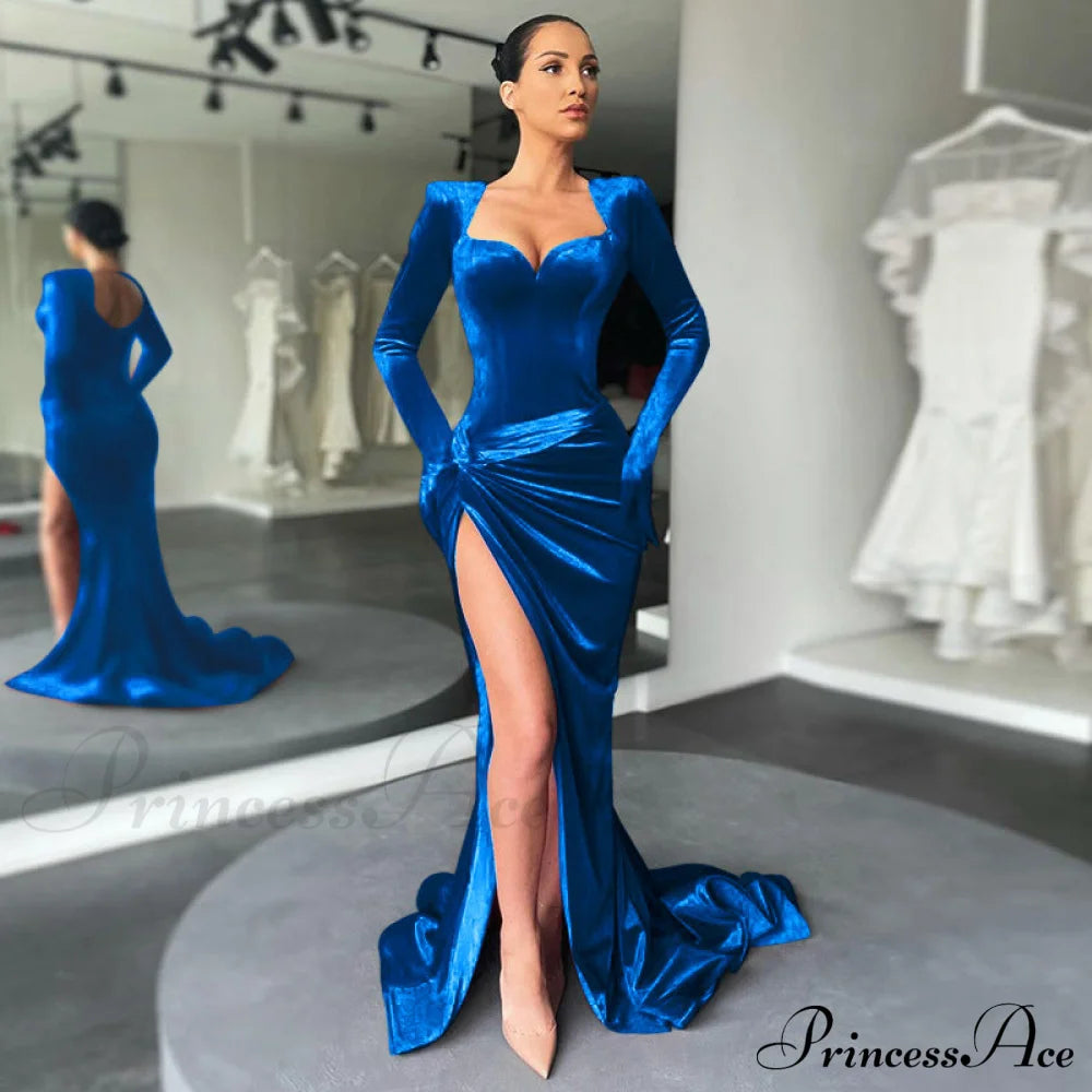 Aleah High Stylish Slit Velvet Dress Blue / S S.o. Long Dresses