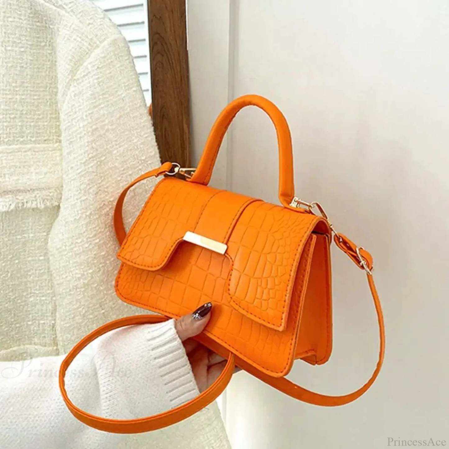Alligator Pattern Small Square Vintage PU Leather Crossbody Handbag Orange handbag-250126