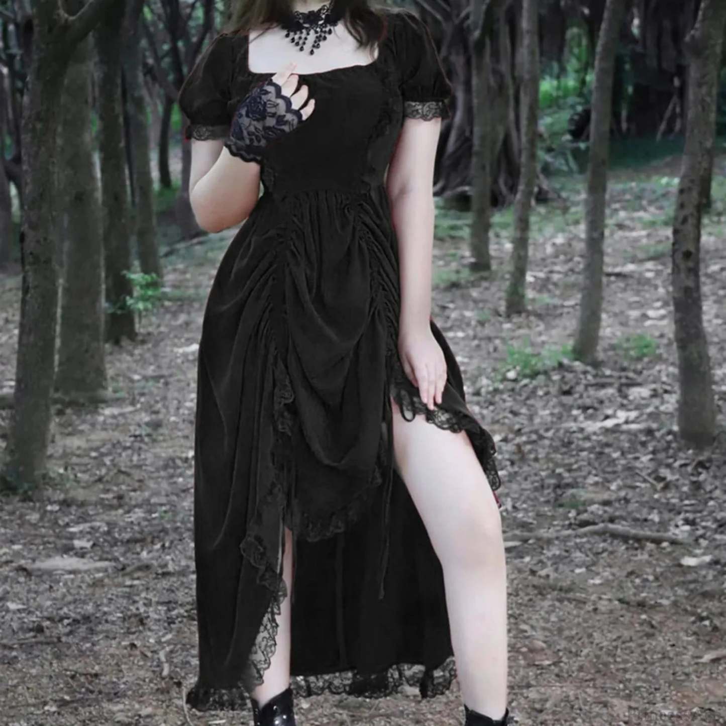 Ancient Lace Stitching Vintage Midi Dress Black / S