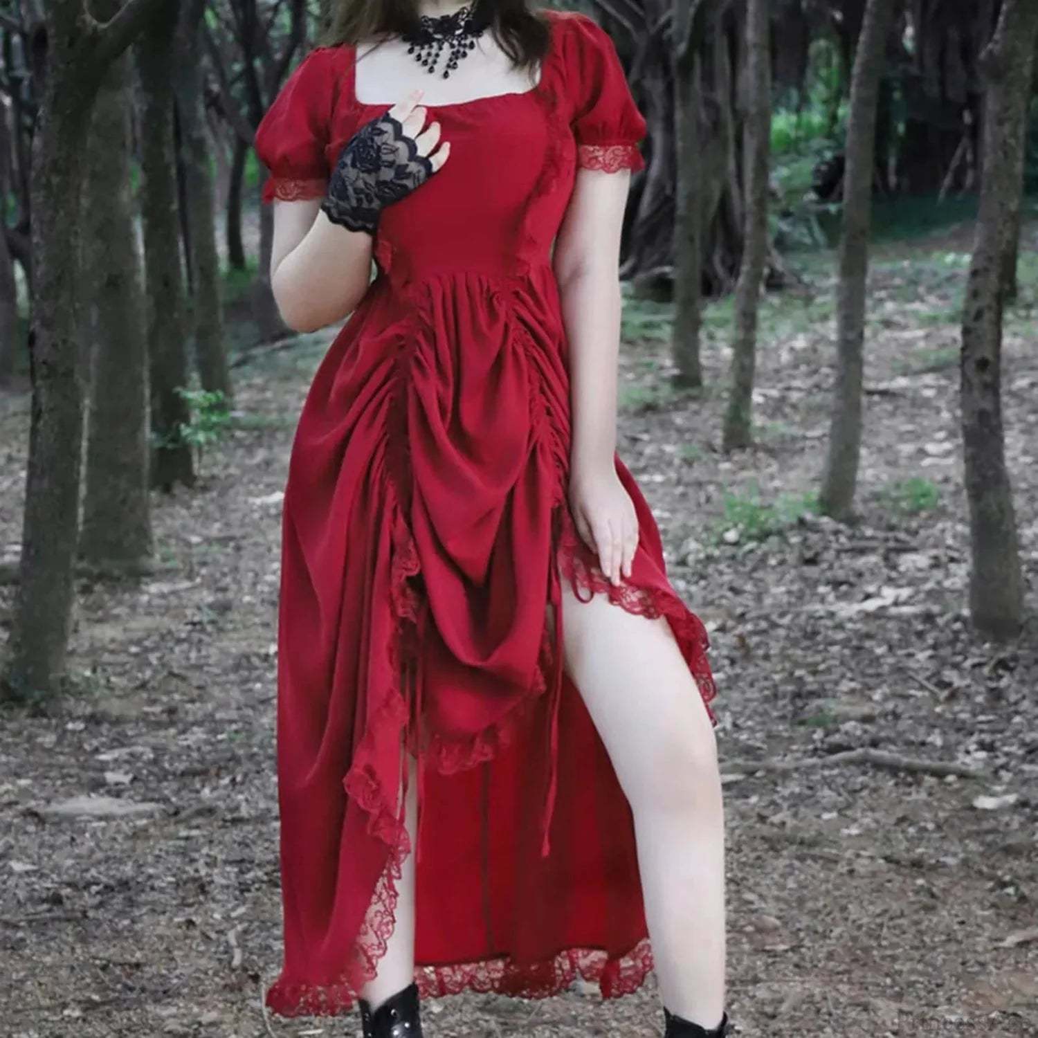 Ancient Lace Stitching Vintage Midi Dress Wine / S