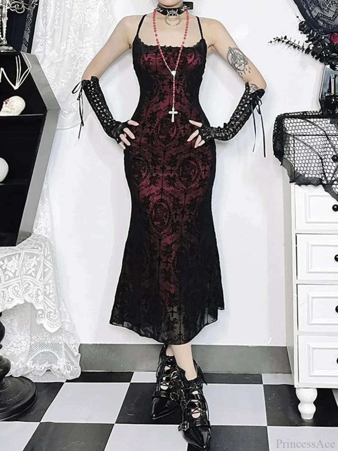 Antique Cross Design Spaghetti Midi Dress