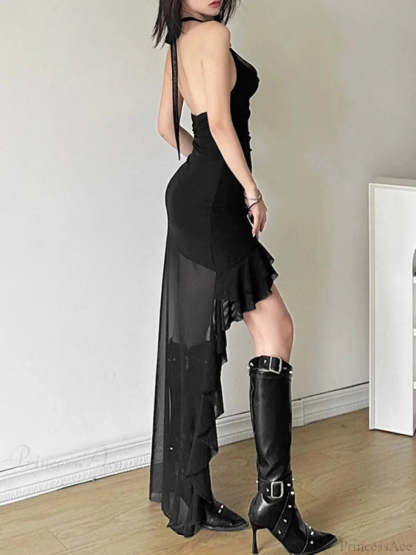 Antique Frilled Halter Ebony Midi Dress