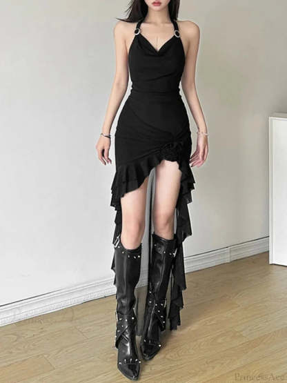 Antique Frilled Halter Ebony Midi Dress