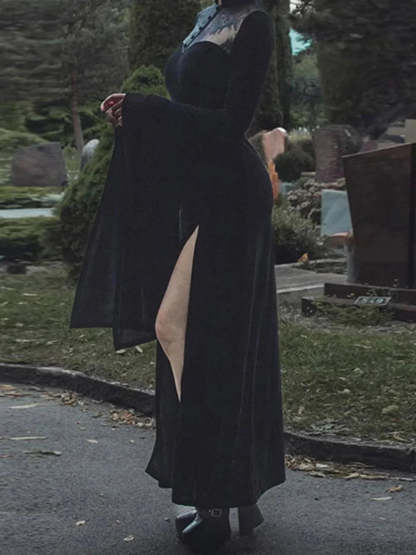 Antique Halloween Lace Patchwork Flare Sleeve Maxi Attire