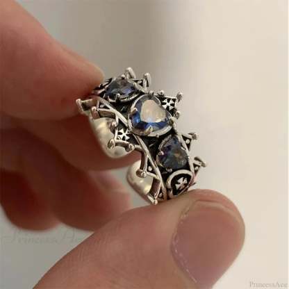 Antique Lolita Gothic Heart Cross Ring Blue