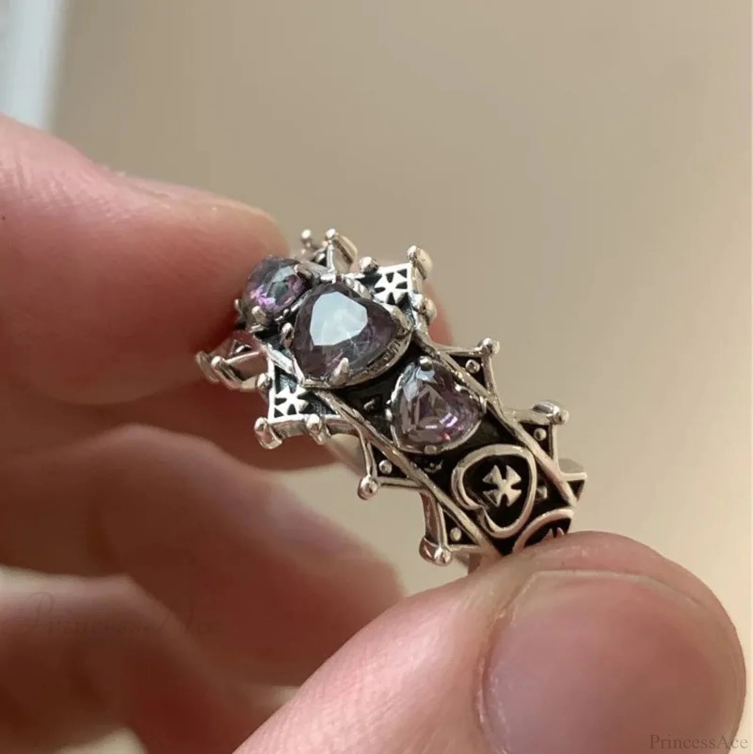 Antique Mysterious Heart Cross Ring resizable / Purple