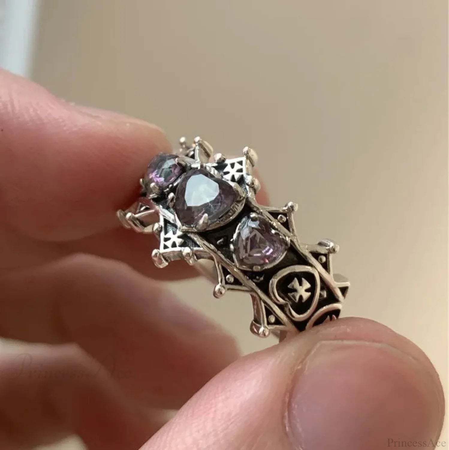 Antique Mysterious Heart Cross Ring resizable / Purple