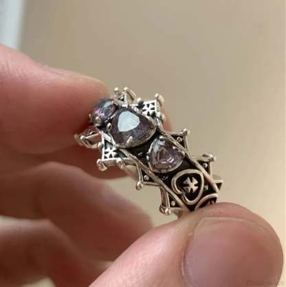 Antique Mysterious Heart Cross Ring resizable / Purple