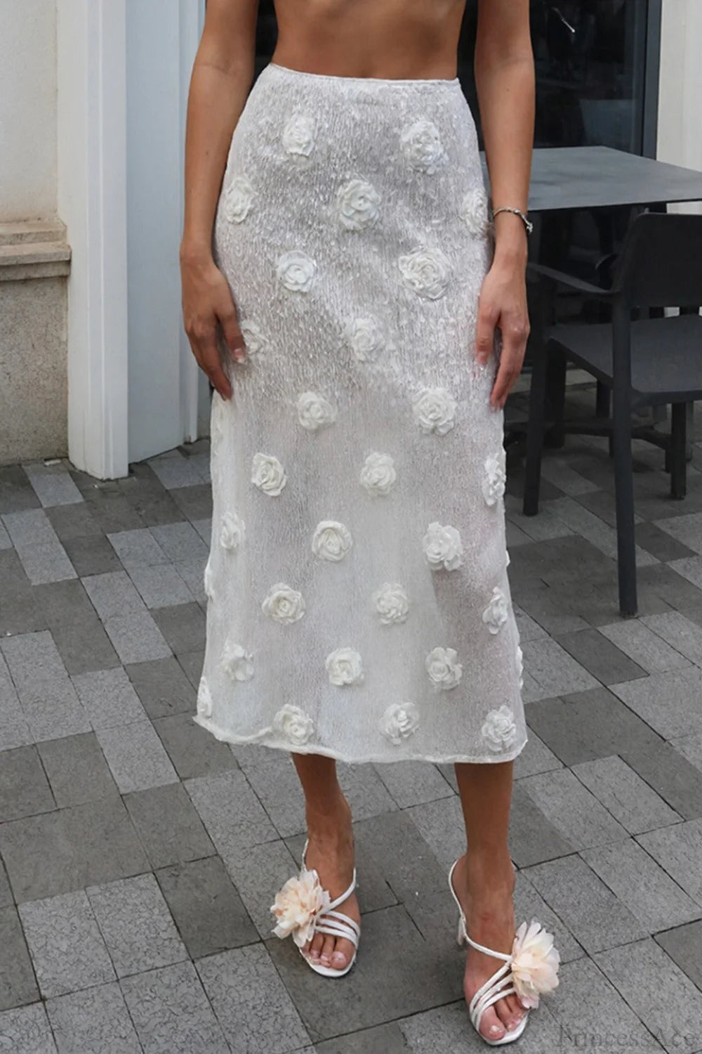 Appliqué Flower Bodycon Maxi Skirt White / S